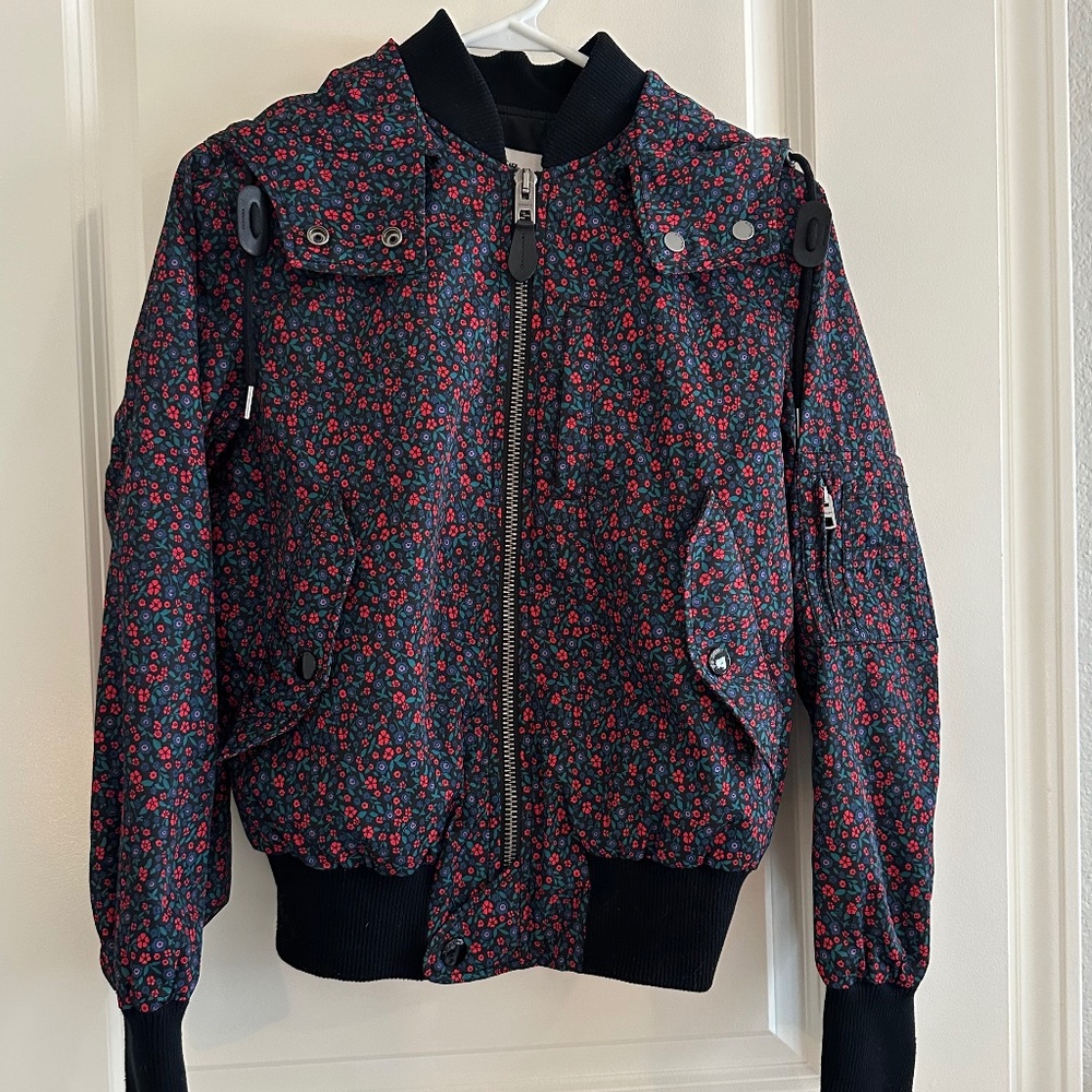 Coach Floral Varsity Bomber Water Resistant Zip Jacket w/ Removable Hood Size XS